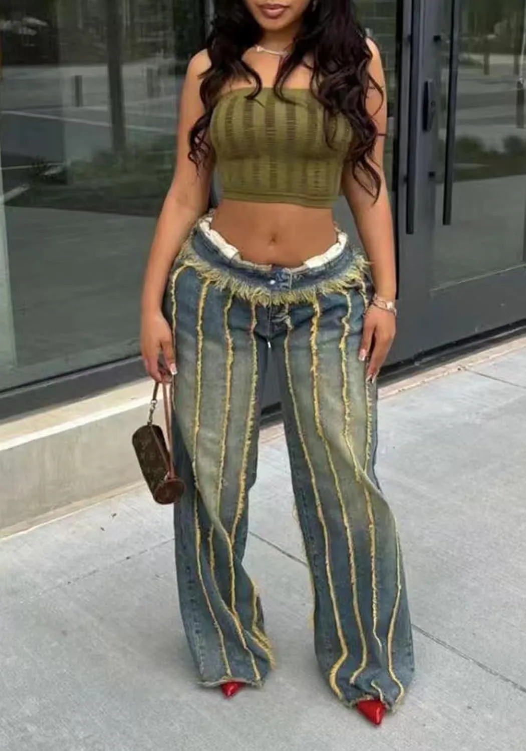 Tbahhir Baggy Wide Leg Jeans for Women Frayed Fringe Distressed Patchwork High Waisted Boyfriend Y2K Denim Pants Trendy