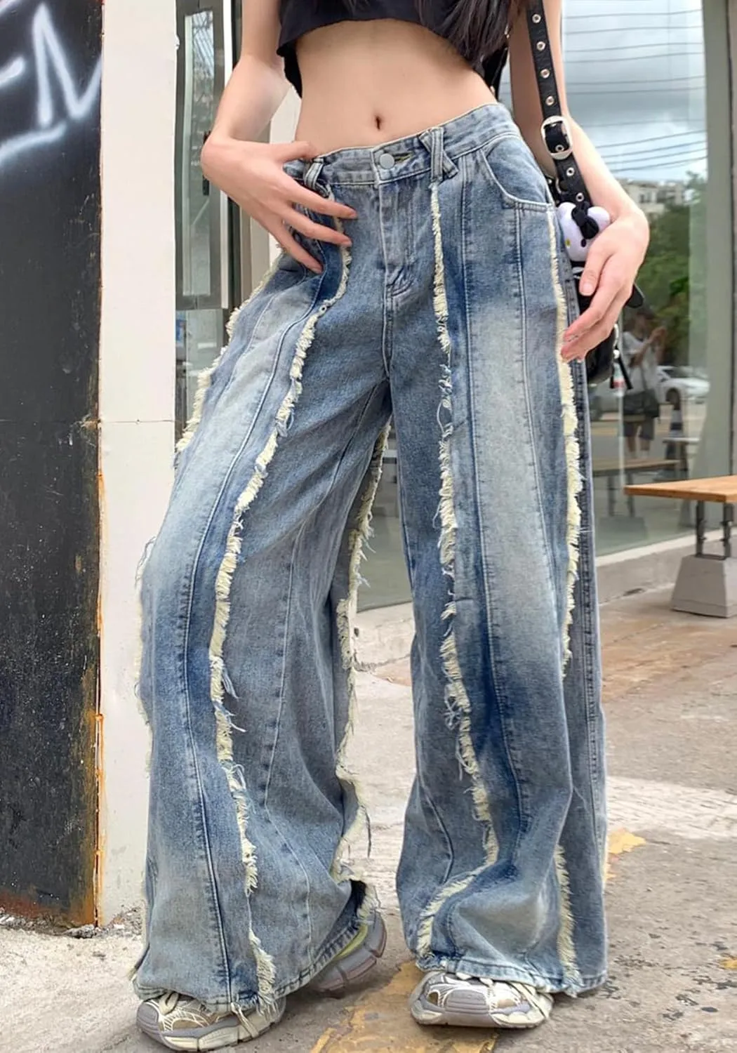 Tbahhir Baggy Wide Leg Jeans for Women Frayed Fringe Distressed Patchwork High Waisted Boyfriend Y2K Denim Pants Trendy