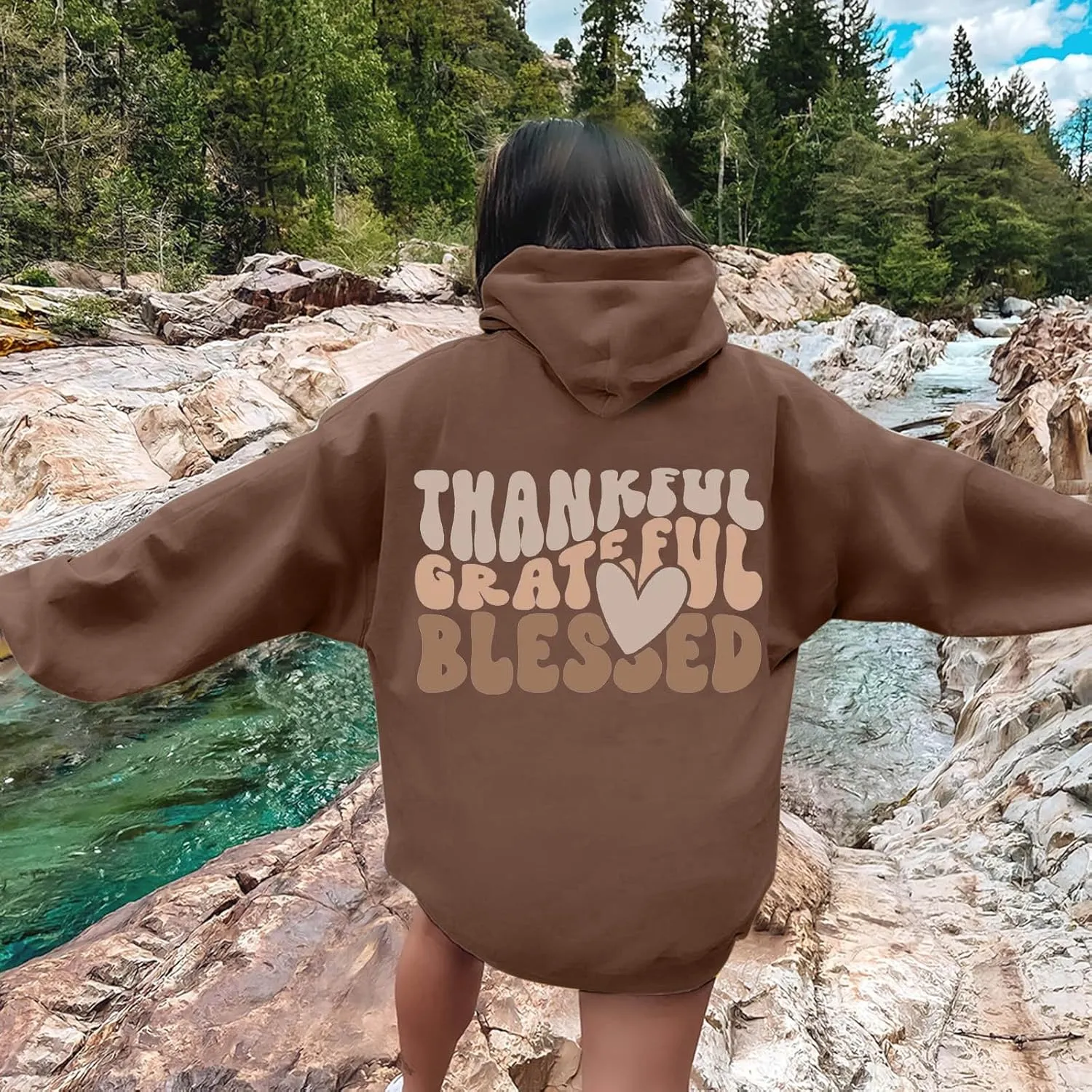 Thankful Grateful Blessed Letter Print Hoodie For Women Fleece Pullover With Kangaroo Pocket Hooded Graphic Tee Fall Trendy