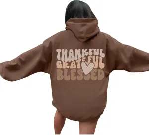Thankful Grateful Blessed Letter Print Hoodie For Women Fleece Pullover With Kangaroo Pocket Hooded Graphic Tee Fall Trendy