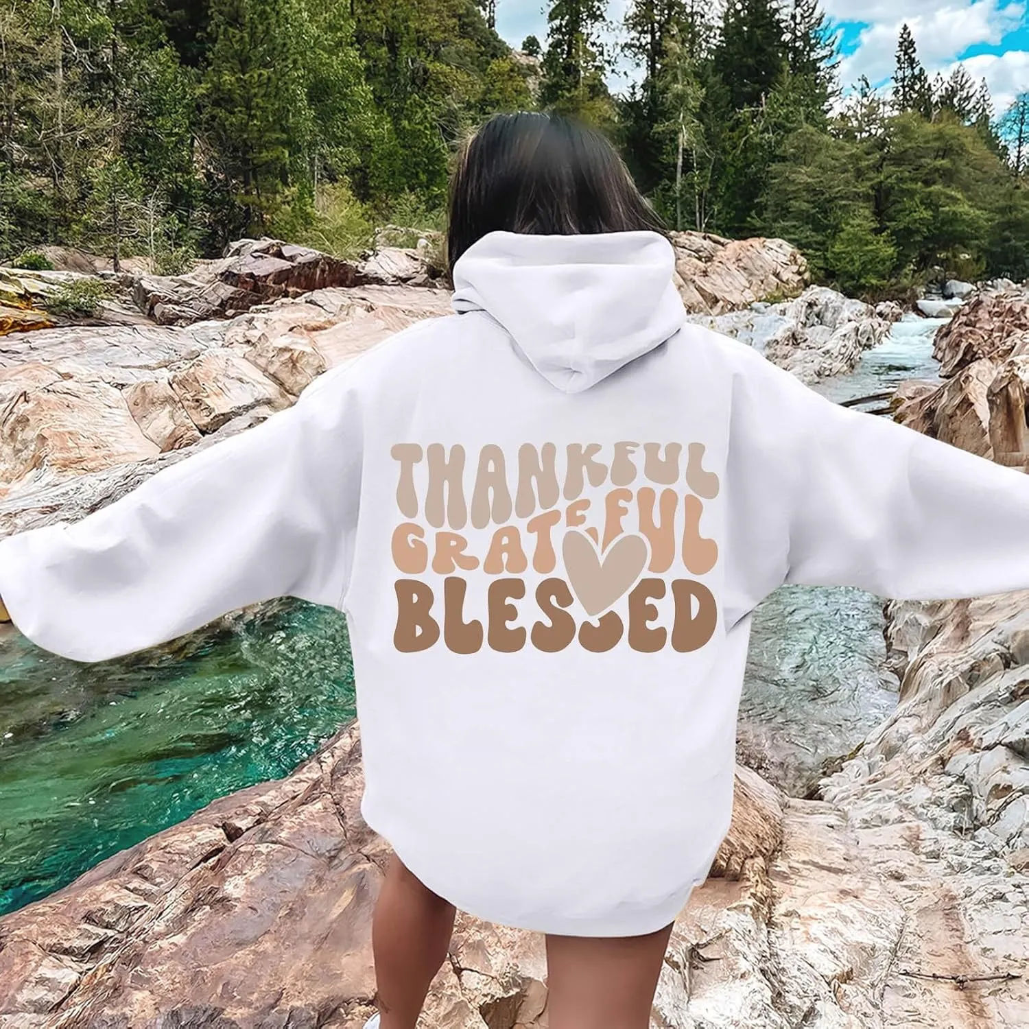 Thankful Grateful Blessed Letter Print Hoodie For Women Fleece Pullover With Kangaroo Pocket Hooded Graphic Tee Fall Trendy