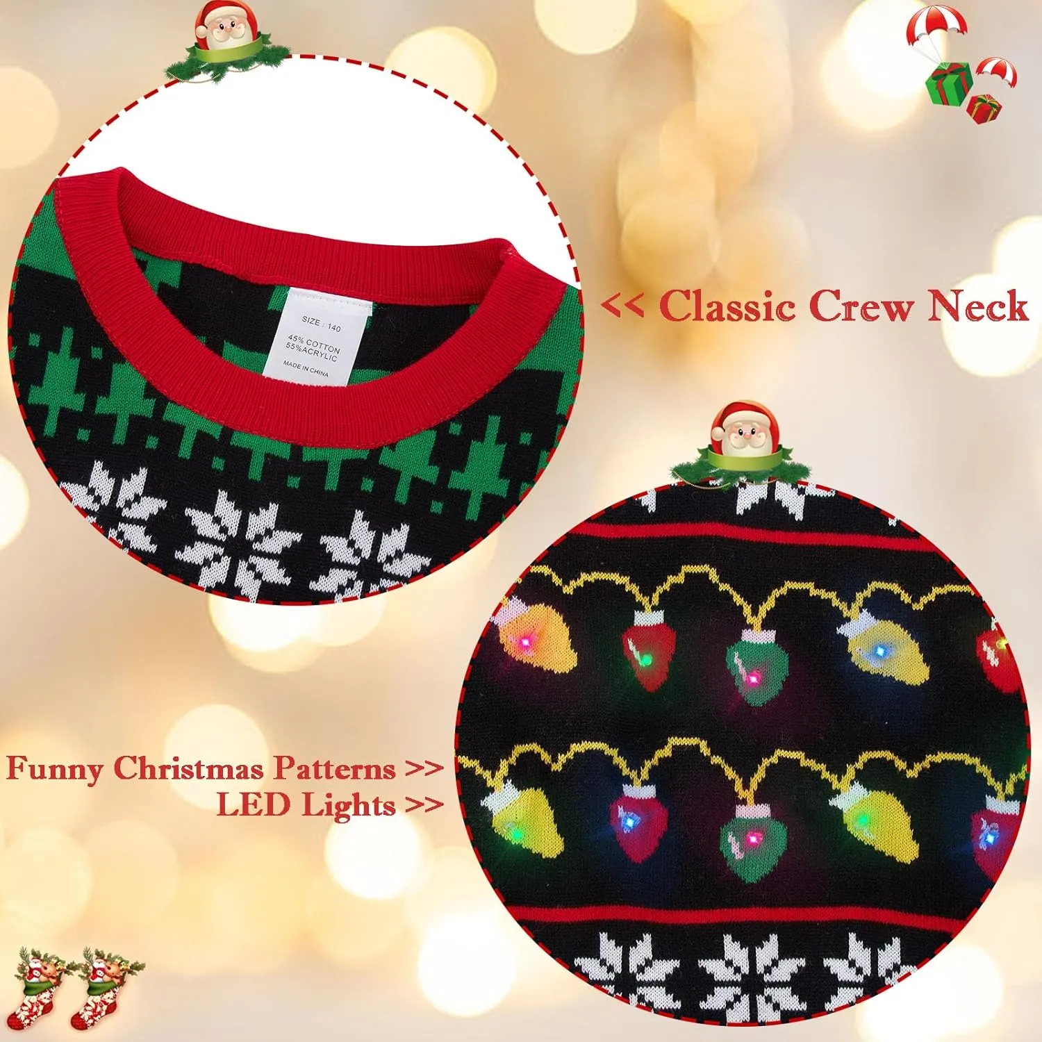 UNICOMIDEA Kids Ugly Christmas Sweaters Boys Girls LED Light Up Knitted Pullover Xmas Jumper 7-14T
