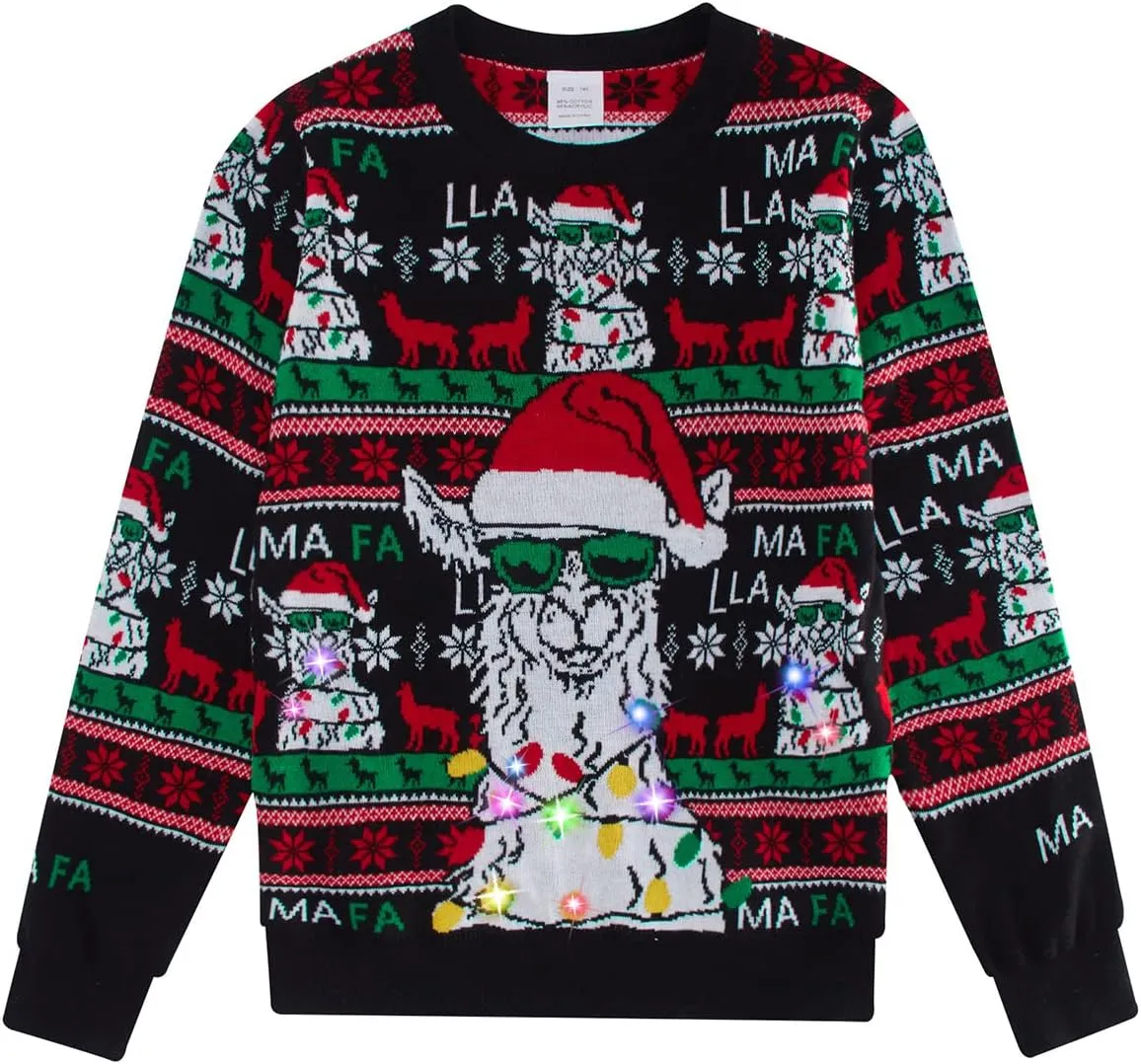 UNICOMIDEA Kids Ugly Christmas Sweaters Boys Girls LED Light Up Knitted Pullover Xmas Jumper 7-14T