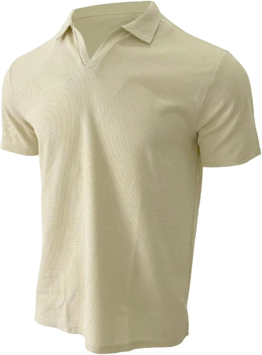 V Neck Waffle Polo Shirts for Men Short Sleeve Casual Textured Golf Shirts Lapel Collar Knitted Muscle Tee Shirts