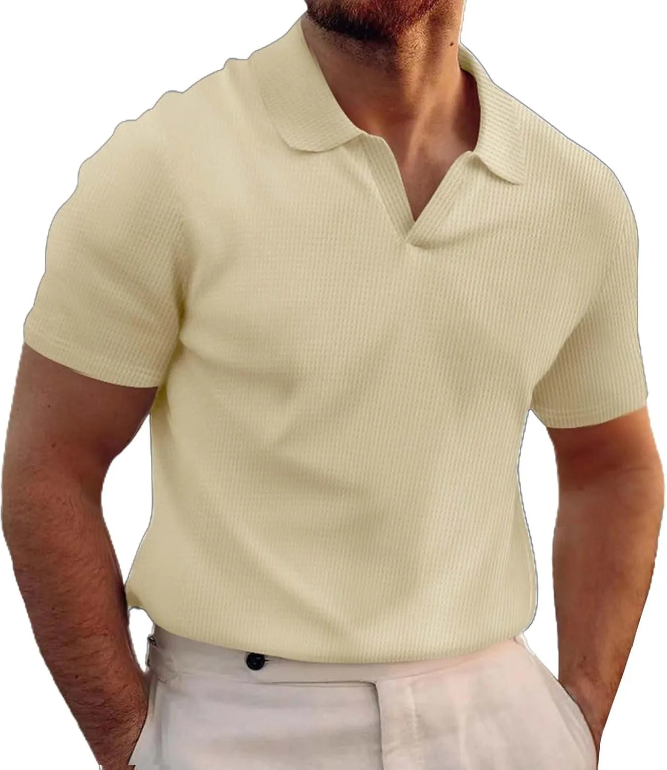 V Neck Waffle Polo Shirts for Men Short Sleeve Casual Textured Golf Shirts Lapel Collar Knitted Muscle Tee Shirts