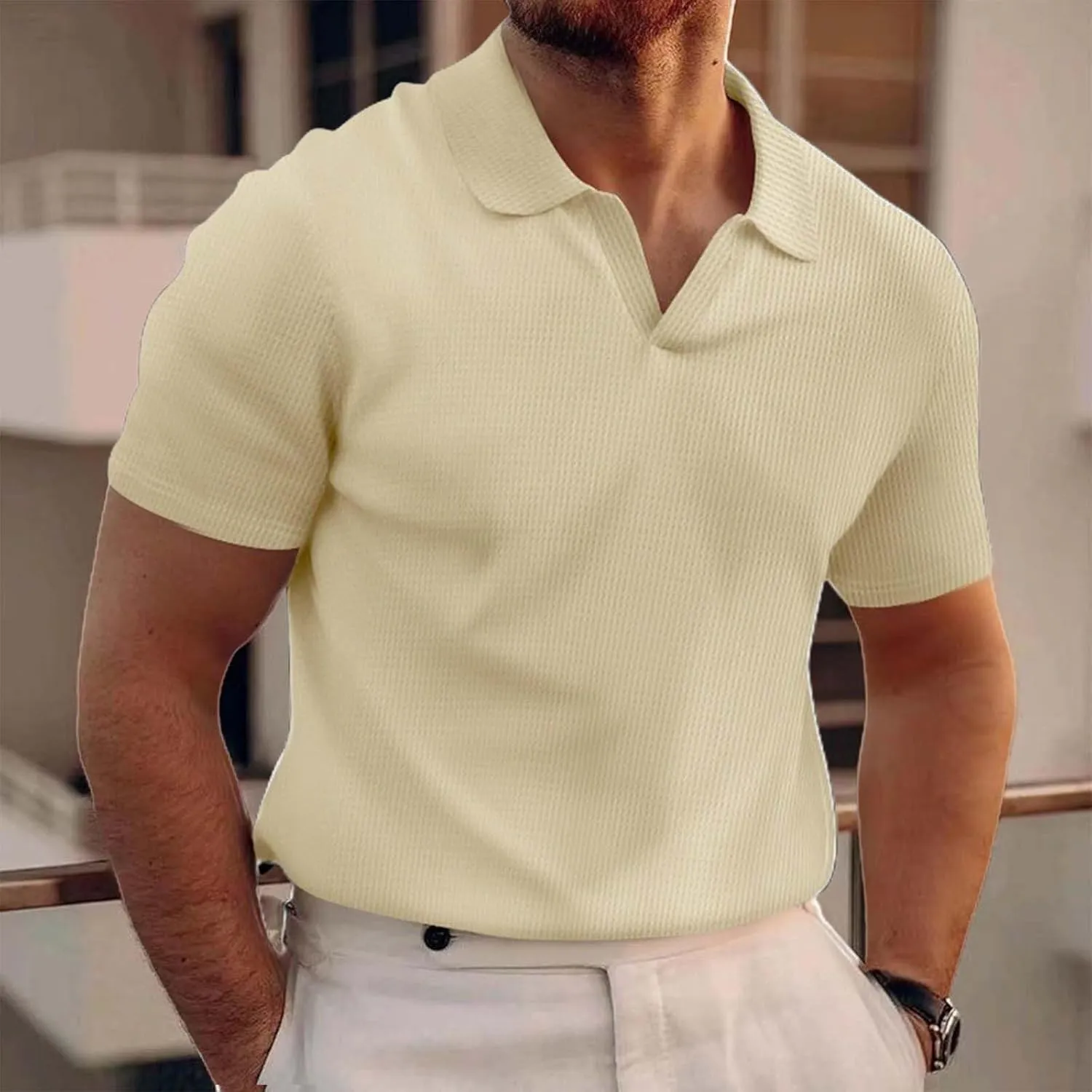 V Neck Waffle Polo Shirts for Men Short Sleeve Casual Textured Golf Shirts Lapel Collar Knitted Muscle Tee Shirts