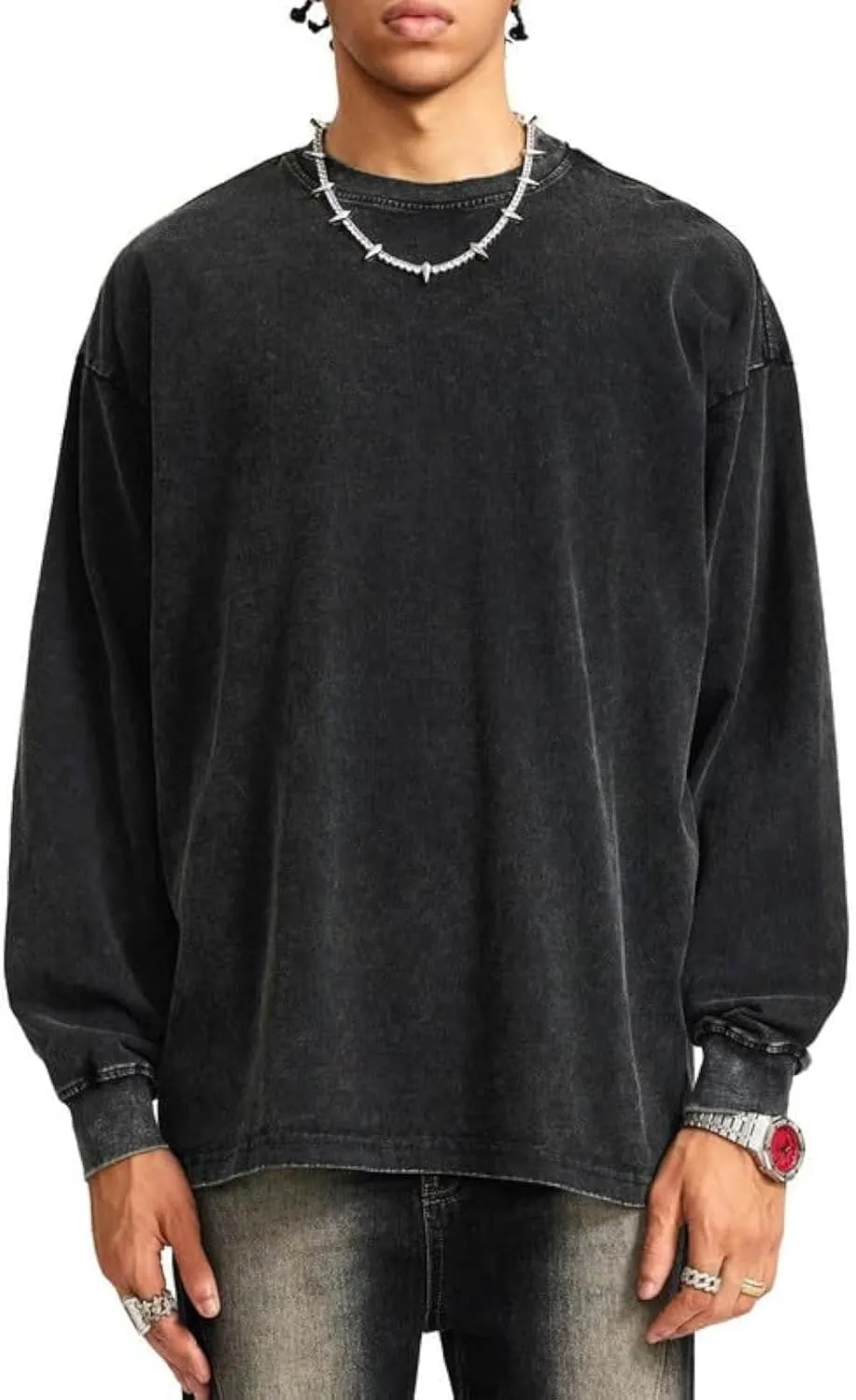 Vamtac Long Sleeve Shirts For Men Oversized Crewneck Sweatshirt Casual Acid Wash Tshirt Cotton T-Shirts Unisex Pullover Top Black X-Large