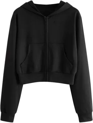 Vickyleb Womens Hooded Sweatshirts Solid Color Long Sleeve Fall Fashion Lightweight Zip Up Crop Hoodies for Women