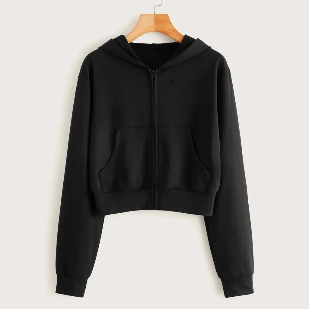 Vickyleb Womens Hooded Sweatshirts Solid Color Long Sleeve Fall Fashion Lightweight Zip Up Crop Hoodies for Women