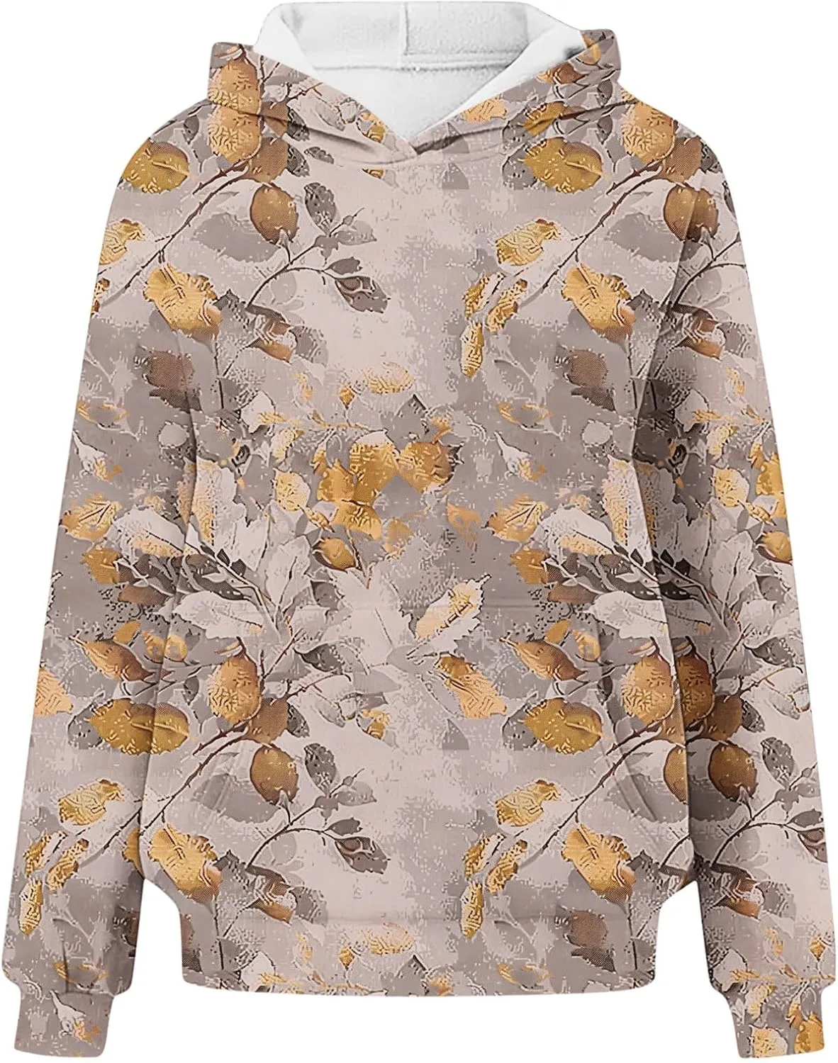 Vintage Camo Sweatshirt Women Maple Leaf Print Winter Fleece Hoodie Casual Long Sleeve Pullover with Kangaroo Pocket