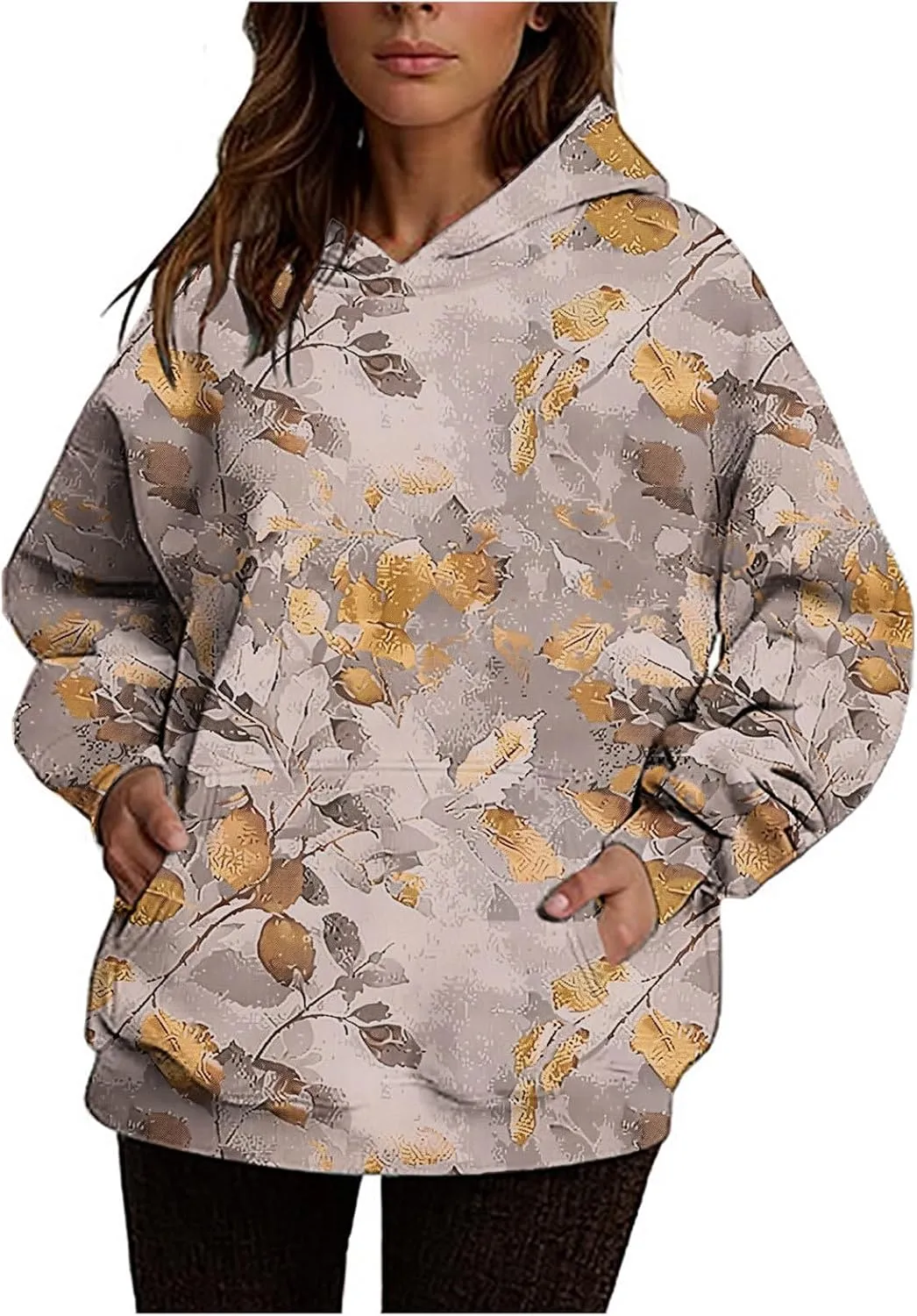 Vintage Camo Sweatshirt Women Maple Leaf Print Winter Fleece Hoodie Casual Long Sleeve Pullover with Kangaroo Pocket