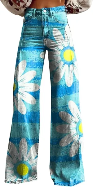 Wide Leg Flare Jeans for Women with Pocket Baggy Pants Vintage Floral Print Jeans for Women High Waisted Loose Pant