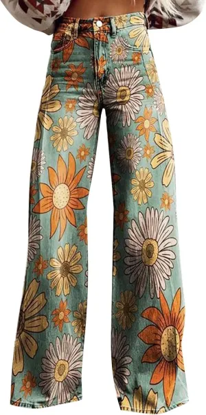 Wide Leg Flare Jeans for Women with Pockets Baggy Pants Vintage Floral Print High Waisted Loose Pant,Printed Jeans for Women