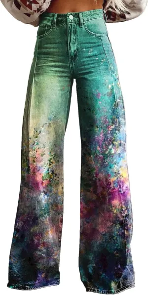 Wide Leg Flare Jeans for Women with Pockets Baggy Pants Vintage Floral Print High Waisted Loose Pant,Printed Jeans for Women
