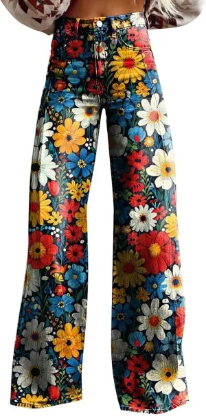 Wide Leg Flare Jeans for Women with Pockets Baggy Pants Vintage Floral Print High Waisted Loose Pant,Printed Jeans for Women