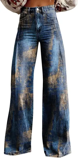 Wide Leg Flare Jeans for Women with Pockets Baggy Pants Vintage Floral Print High Waisted Loose Pant,Printed Jeans for Women