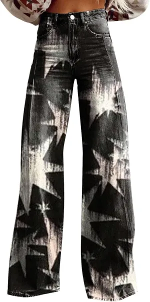 Wide Leg Flare Jeans for Women with Pockets Baggy Pants Vintage Floral Print High Waisted Loose Pant,Printed Jeans for Women