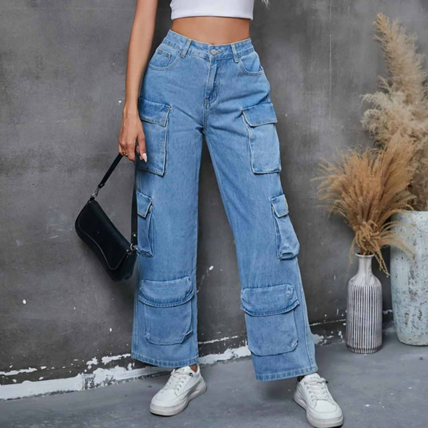 Wide Leg Jeans for Women Trendy Elastic High Waisted Denim Pants Solid Color Baggy Denim Harem Pants
