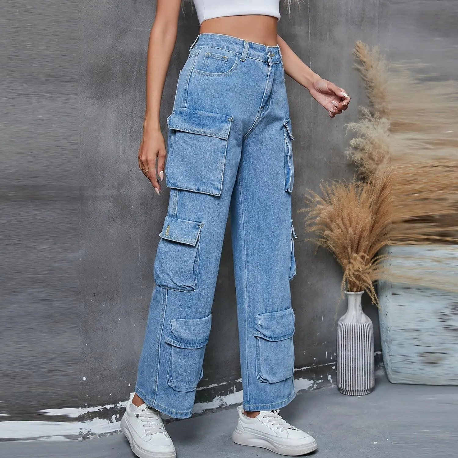 Wide Leg Jeans for Women Trendy Elastic High Waisted Denim Pants Solid Color Baggy Denim Harem Pants