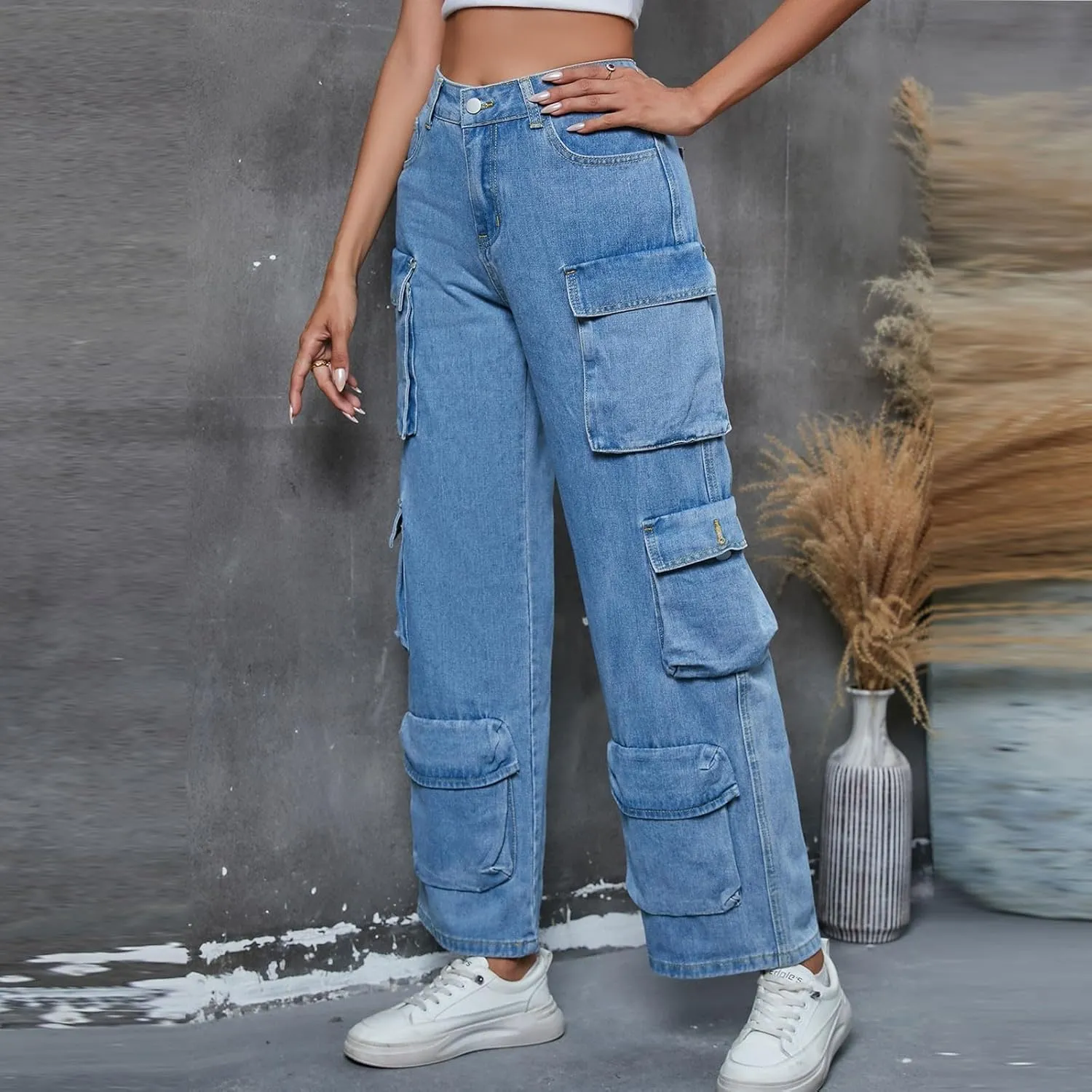 Wide Leg Jeans for Women Trendy Elastic High Waisted Denim Pants Solid Color Baggy Denim Harem Pants