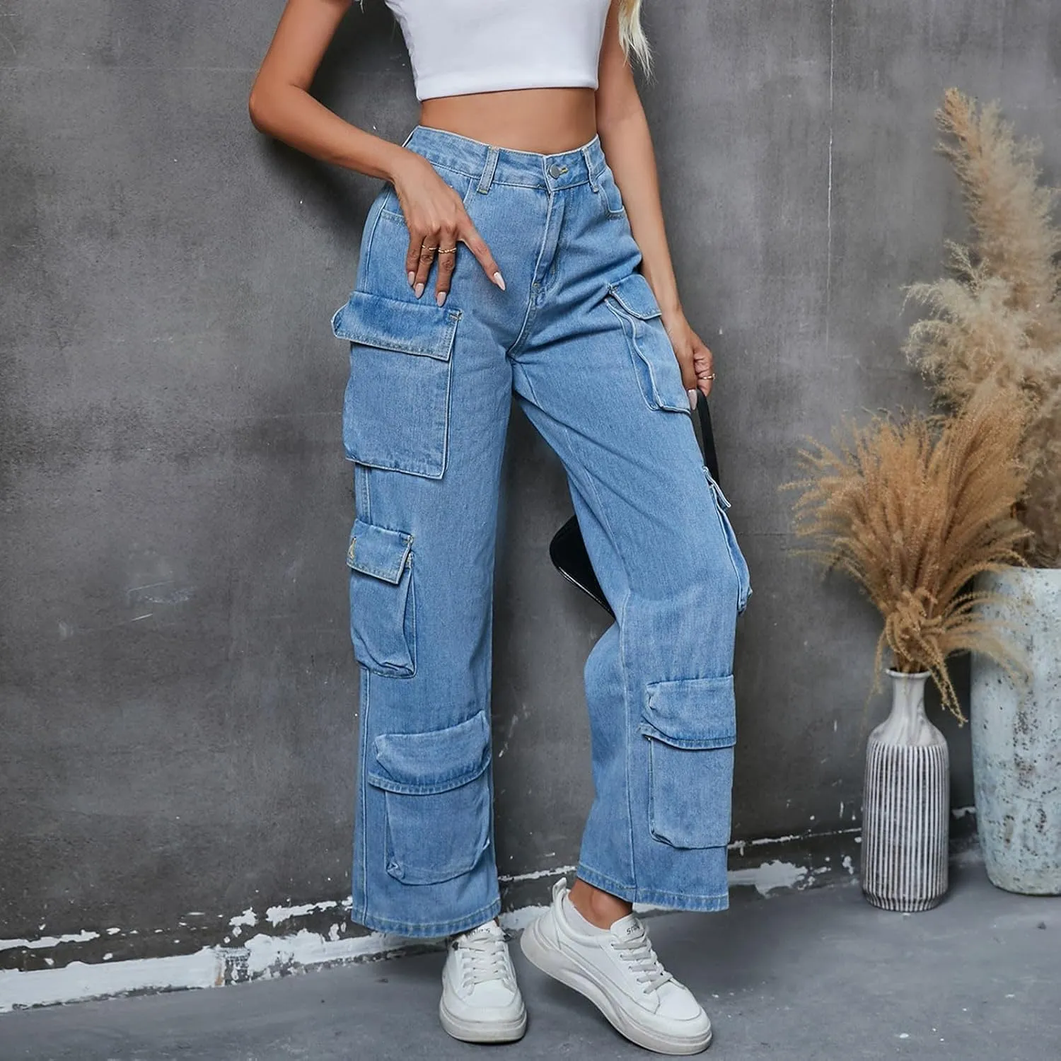 Wide Leg Jeans for Women Trendy Elastic High Waisted Denim Pants Solid Color Baggy Denim Harem Pants
