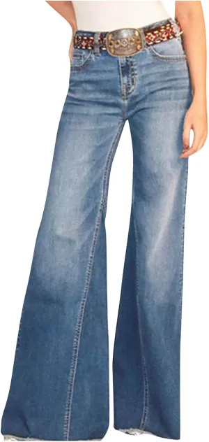 Wide Leg Jeans Women Flare Bell Bottom Jeans Button High Waist Bootcut Pants Plus Size Retro Denim Pants