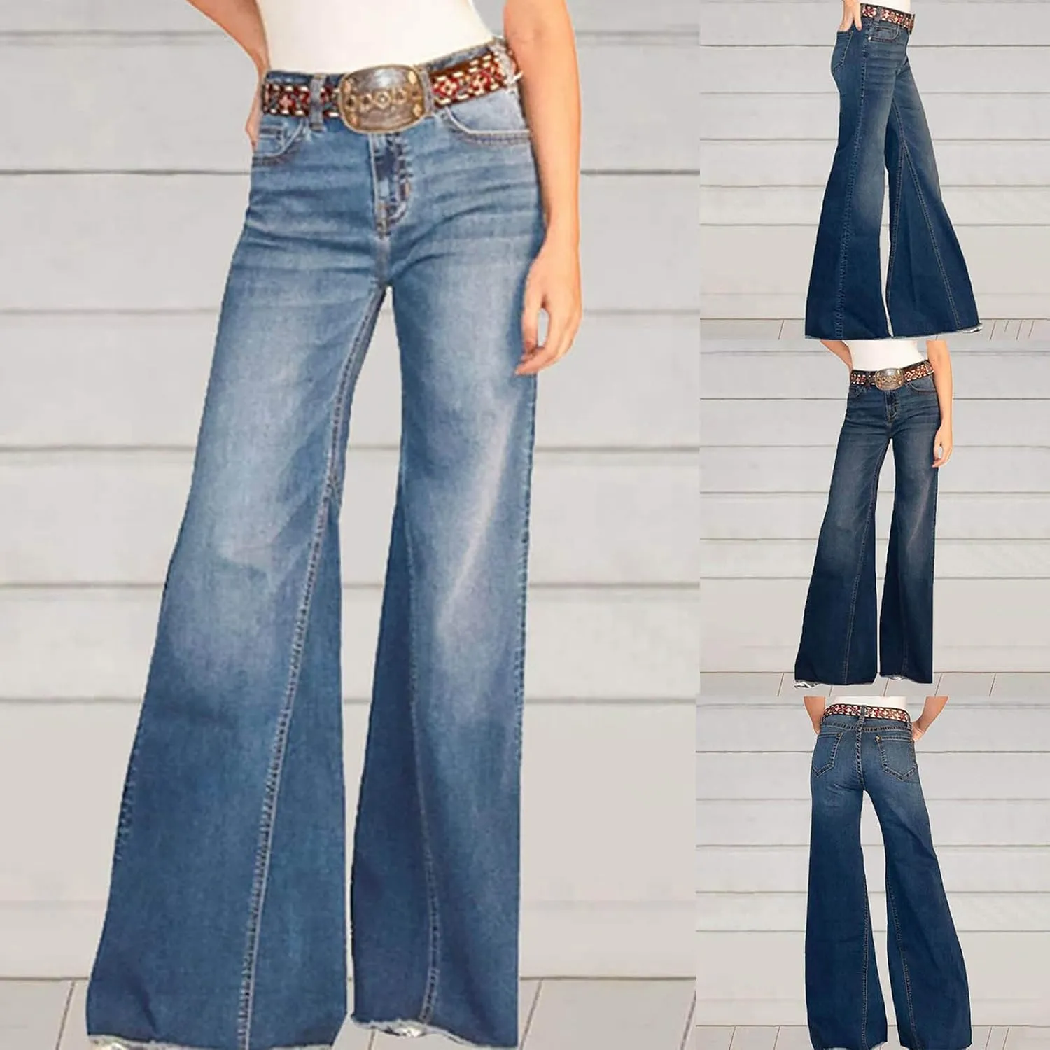 Wide Leg Jeans Women Flare Bell Bottom Jeans Button High Waist Bootcut Pants Plus Size Retro Denim Pants