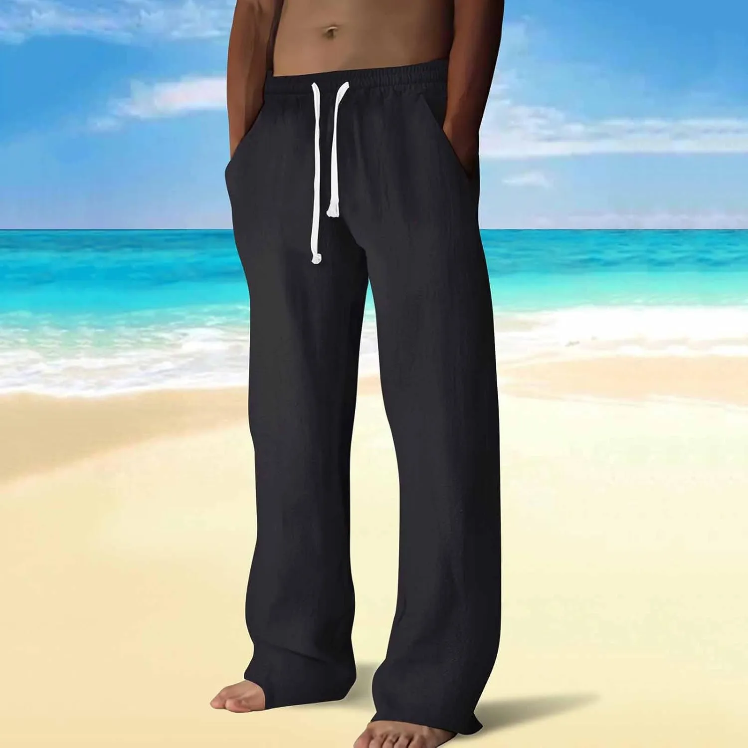 Wide Leg Linen Dress Pants Men Elastic Waist Pants with Pockets Relaxed Fit Beach Yoga Travel Lounge Trousers