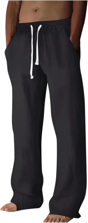Wide Leg Linen Dress Pants Men Elastic Waist Pants with Pockets Relaxed Fit Beach Yoga Travel Lounge Trousers