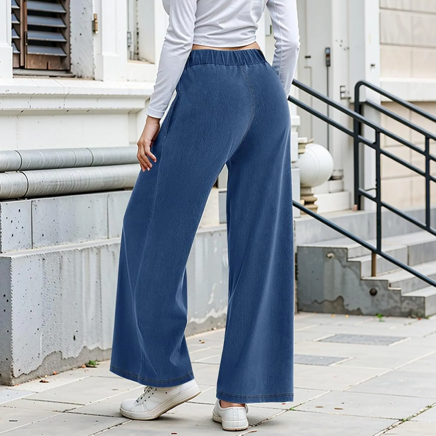 Wide Leg Stretchy Jeans for Women Pull on Trouser Boyfriend Jeans High Waisted Denim Pants Cowgirl Outfits