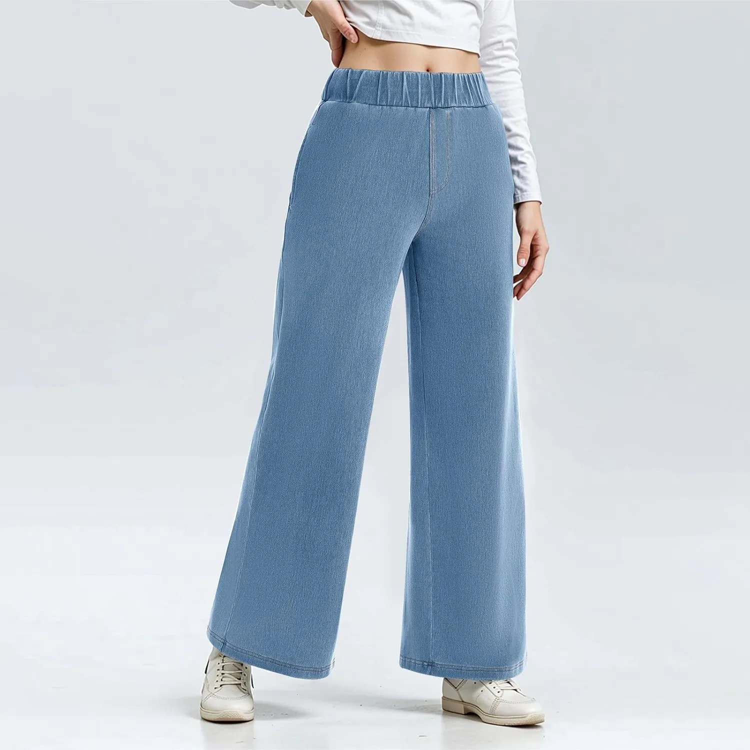 Wide Leg Stretchy Jeans for Women Pull on Trouser Boyfriend Jeans High Waisted Denim Pants Cowgirl Outfits