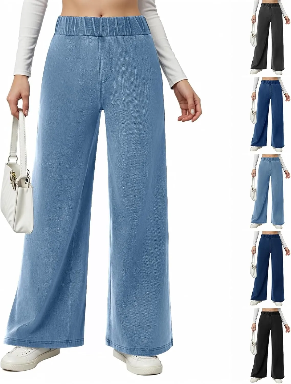 Wide Leg Stretchy Jeans for Women Pull on Trouser Boyfriend Jeans High Waisted Denim Pants Cowgirl Outfits