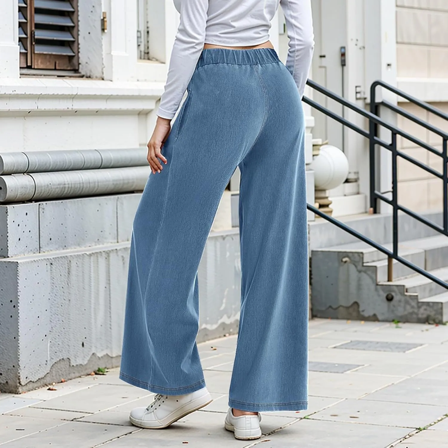 Wide Leg Stretchy Jeans for Women Pull on Trouser Boyfriend Jeans High Waisted Denim Pants Cowgirl Outfits