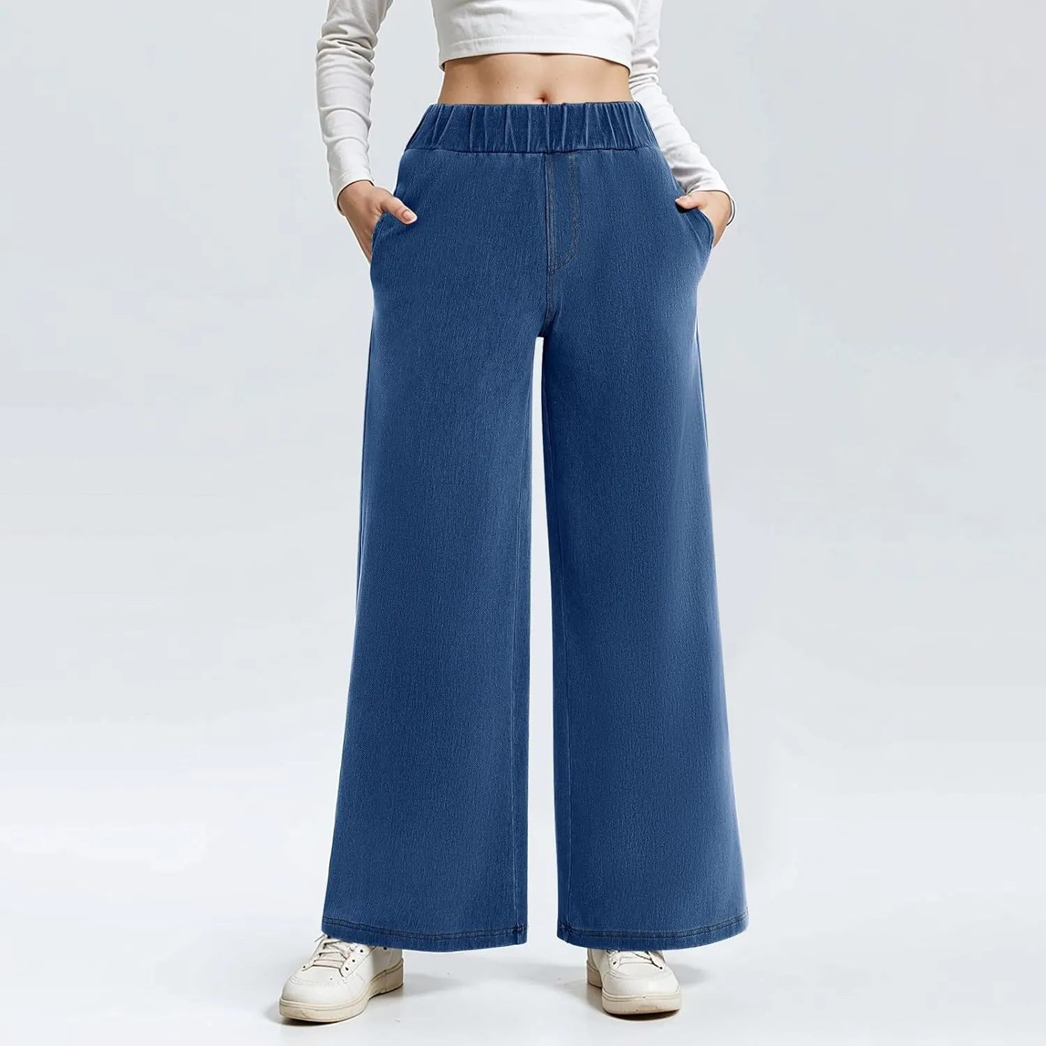 Wide Leg Stretchy Jeans for Women Pull on Trouser Boyfriend Jeans High Waisted Denim Pants Cowgirl Outfits