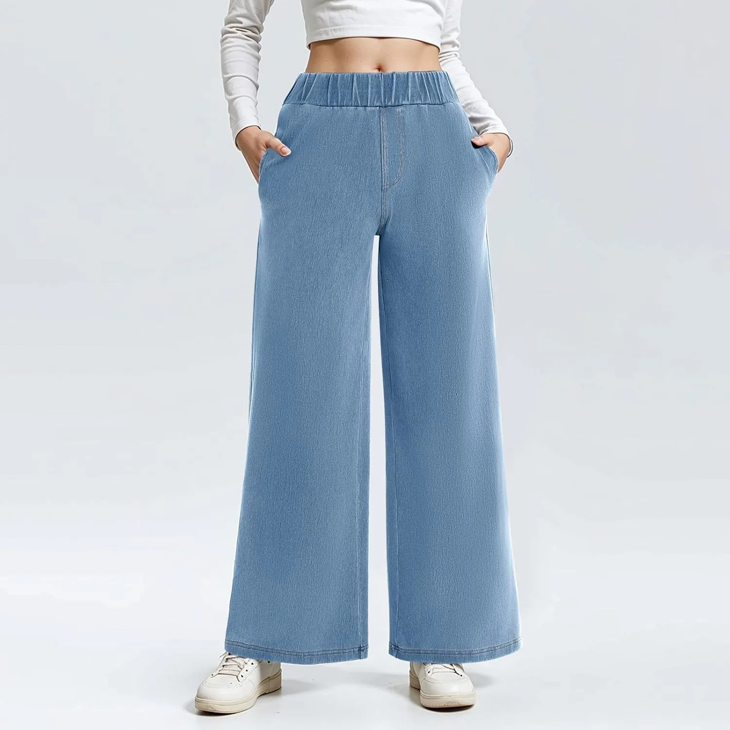 Wide Leg Stretchy Jeans for Women Pull on Trouser Boyfriend Jeans High Waisted Denim Pants Cowgirl Outfits