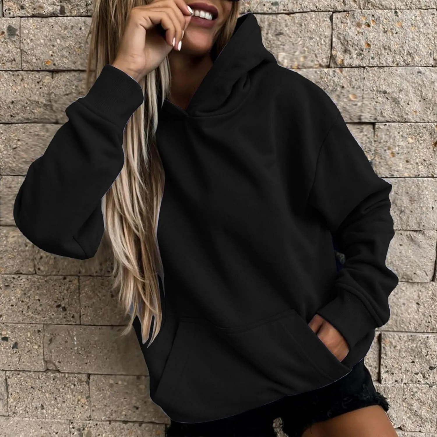 Winter Warm Fitted Soft Solid Sweatshirts for Womens Long Sleeve Hooded Pullovers with Pockets Outdoor Workout Hoodies
