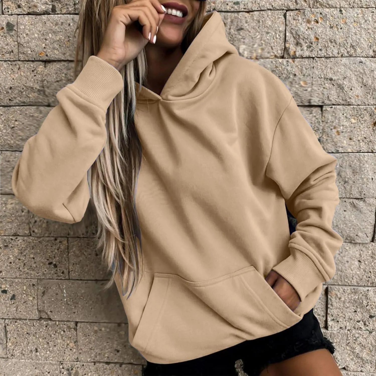 Winter Warm Fitted Soft Solid Sweatshirts for Womens Long Sleeve Hooded Pullovers with Pockets Outdoor Workout Hoodies