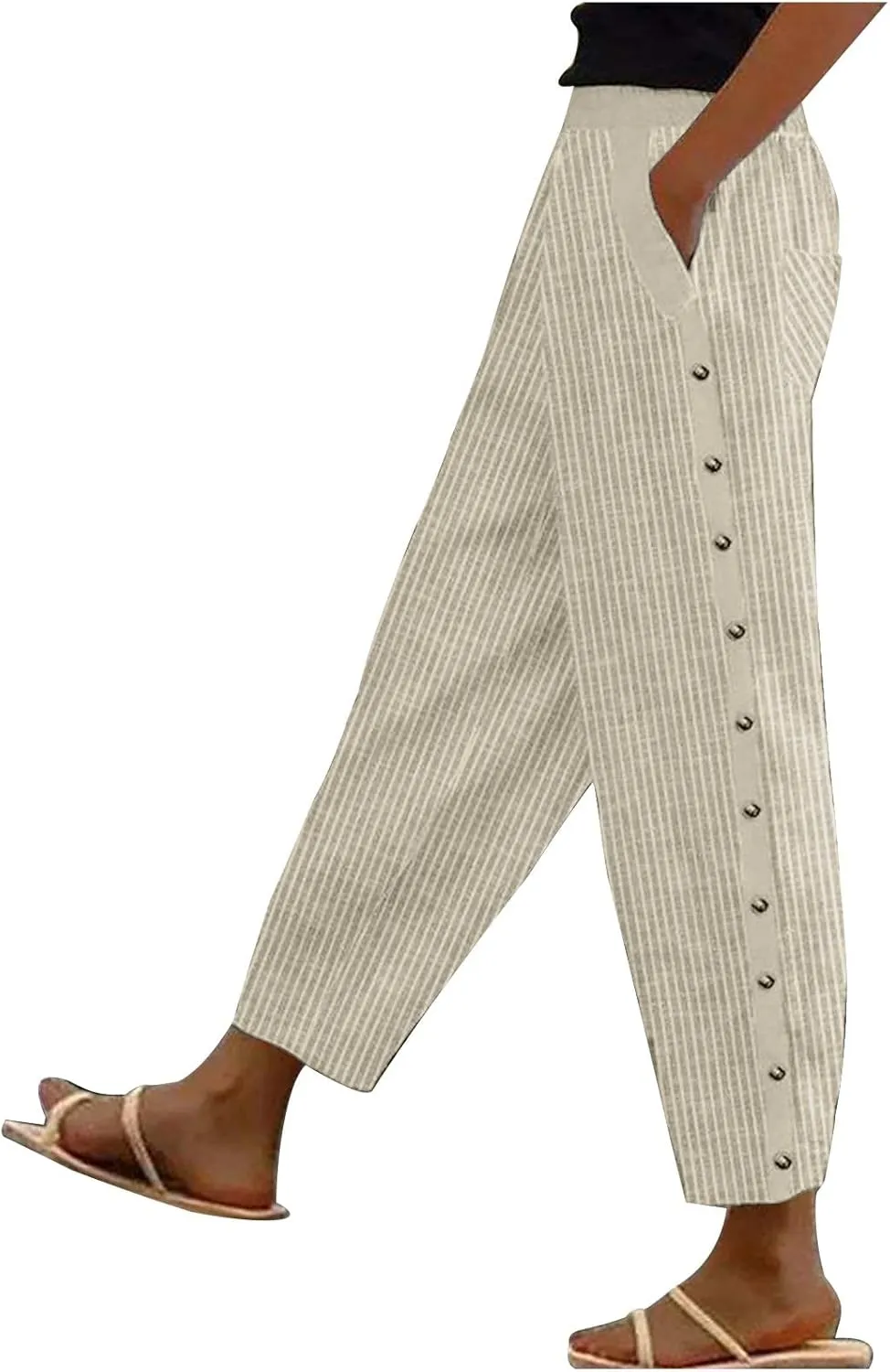 Wirziis White Summer Pants for Women 2024 Casual Stripe Side Button Baggy Sweatpants Trendy Straight Leg Trousers Activewear