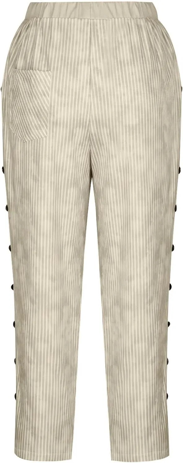 Wirziis White Summer Pants for Women 2024 Casual Stripe Side Button Baggy Sweatpants Trendy Straight Leg Trousers Activewear