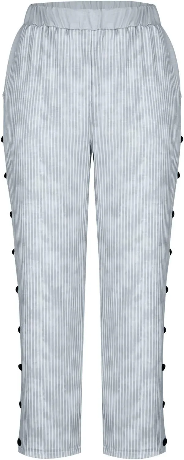 Wirziis White Summer Pants for Women 2024 Casual Stripe Side Button Baggy Sweatpants Trendy Straight Leg Trousers Activewear