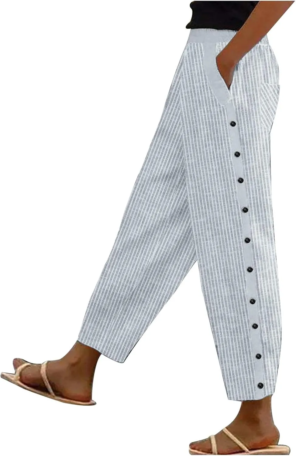 Wirziis White Summer Pants for Women 2024 Casual Stripe Side Button Baggy Sweatpants Trendy Straight Leg Trousers Activewear