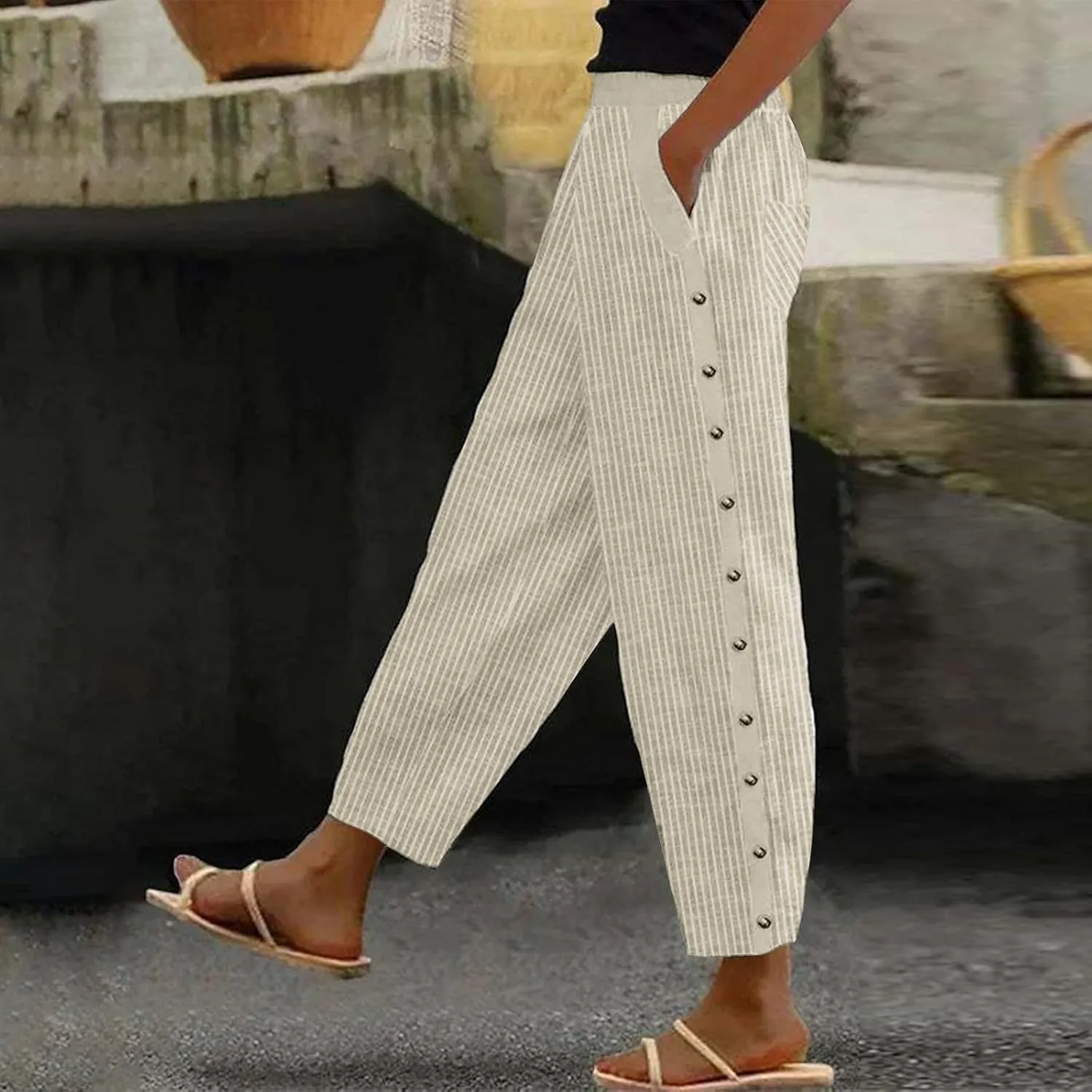 Wirziis White Summer Pants for Women 2024 Casual Stripe Side Button Baggy Sweatpants Trendy Straight Leg Trousers Activewear