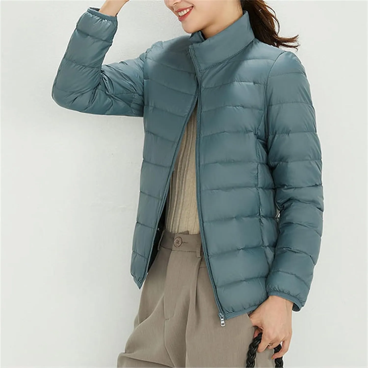 Woman Winter Coat Light Down Zipper Puffer Jacket Plus Size Long Sleeve Lightweight Coat With Pocket