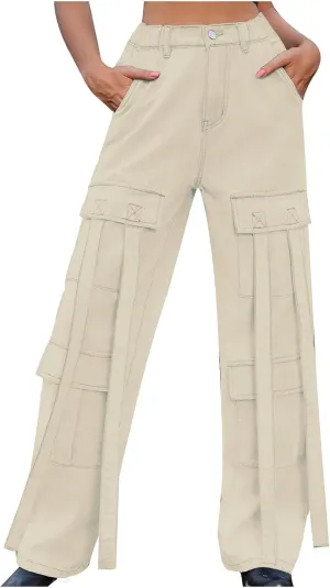 Women Boyfriend Jeans Cargo Pants Parachute Y2k Teen Girls High Waist Straight Wide Leg Baggy Fashion Streetwear Pants