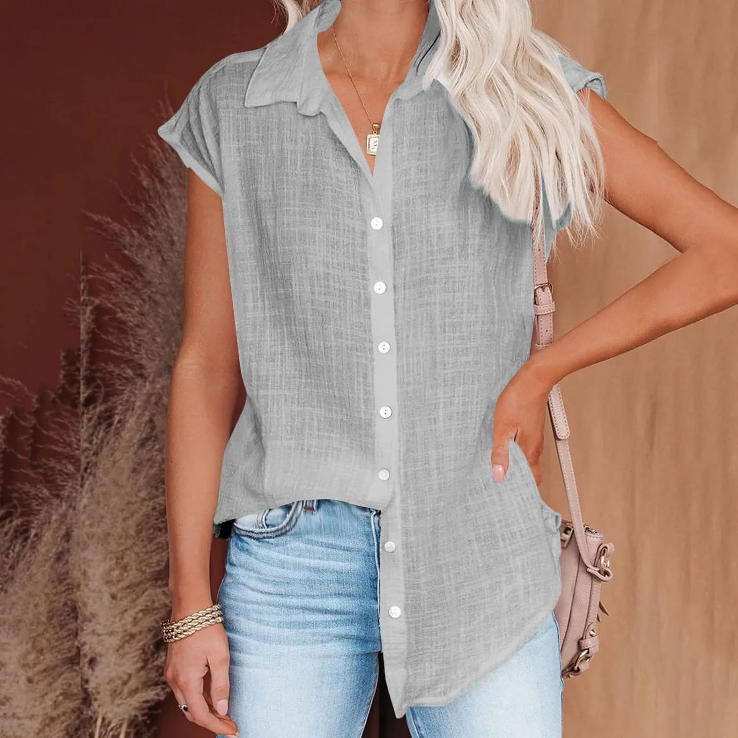 Women Cap Sleeve Tops Cotton Linen T Shirts Summer Casual Tops Trendy Button Down Shirts Business Dressy