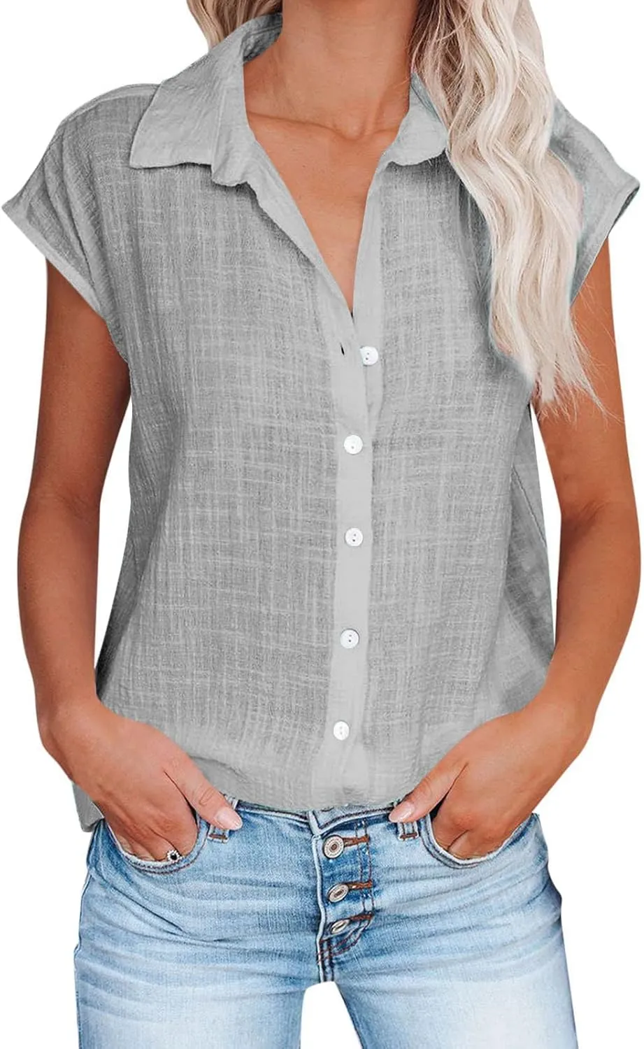 Women Cap Sleeve Tops Cotton Linen T Shirts Summer Casual Tops Trendy Button Down Shirts Business Dressy