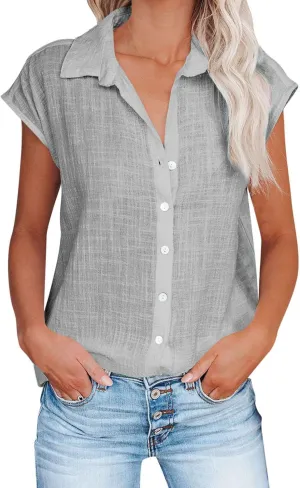 Women Cap Sleeve Tops Cotton Linen T Shirts Summer Casual Tops Trendy Button Down Shirts Business Dressy