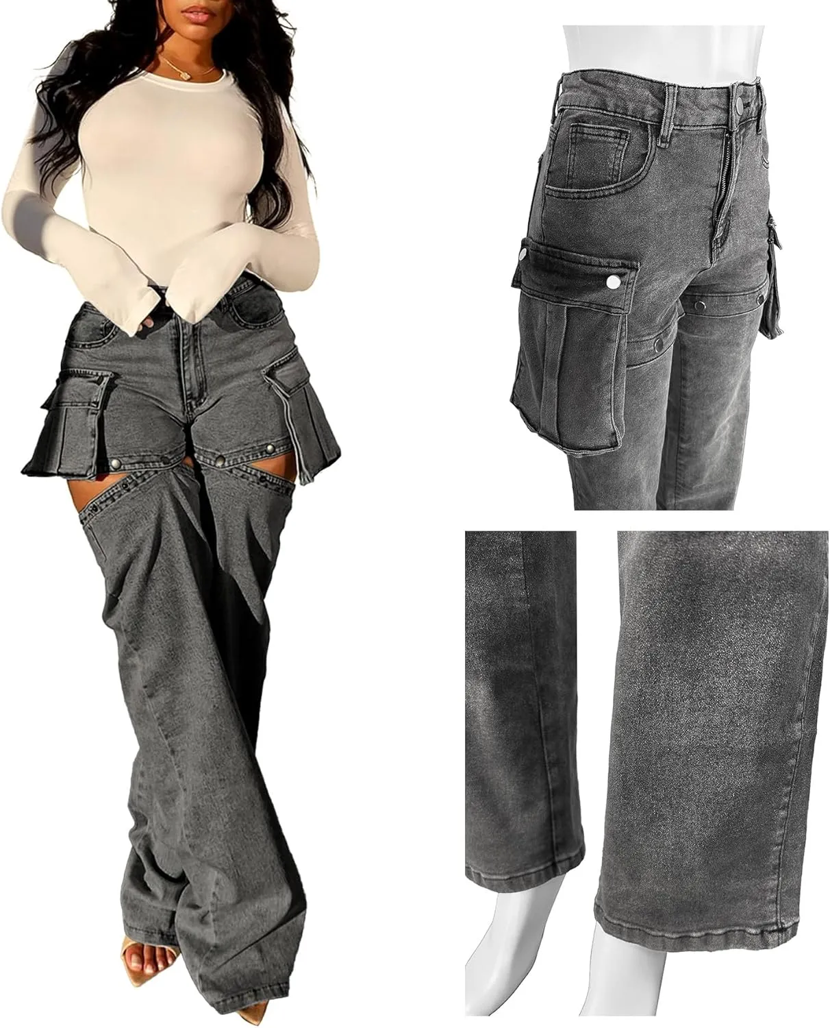 Women Cargo Jeans Y2K High Waisted Baggy Cutout Detachable Summer Jean Shorts Streetwear