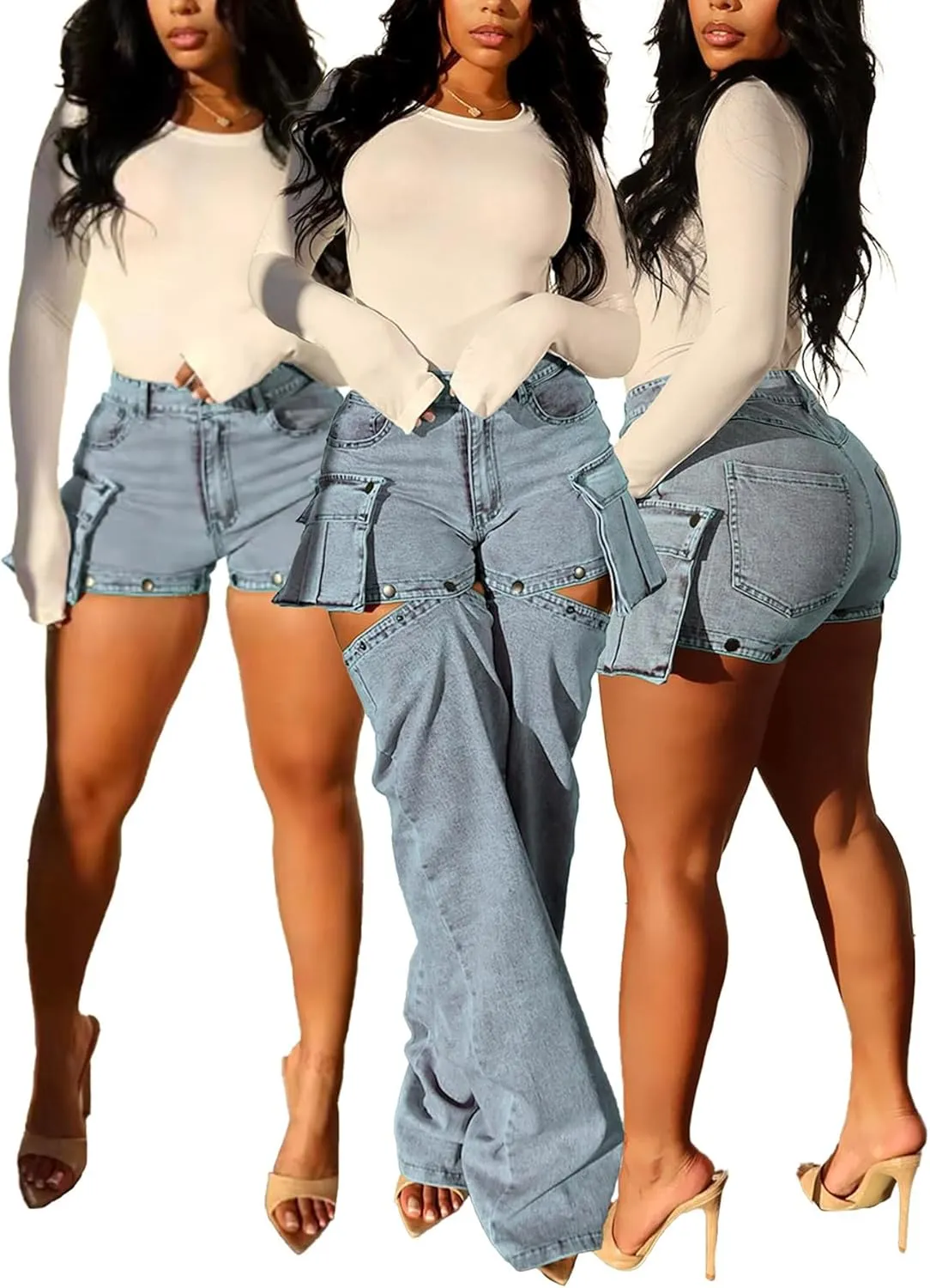 Women Cargo Jeans Y2K High Waisted Baggy Cutout Detachable Summer Jean Shorts Streetwear