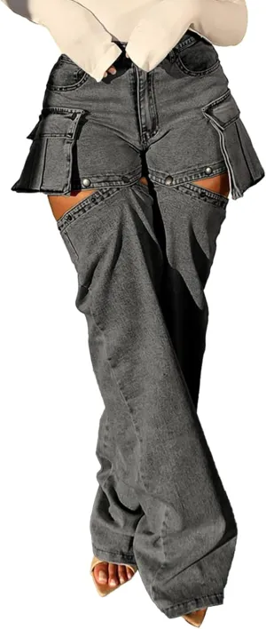 Women Cargo Jeans Y2K High Waisted Baggy Cutout Detachable Summer Jean Shorts Streetwear